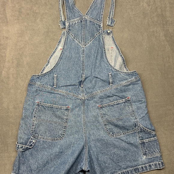 Mickey Mouse Denim Overall Bib Shorts Sz L USA Theme Blue Big Mickey Graphic - Picture 11 of 16